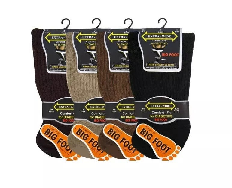 Men's Big Foot Extra Wide Diabetic Socks With Hand Linked Toe Seam - Dark Assorted