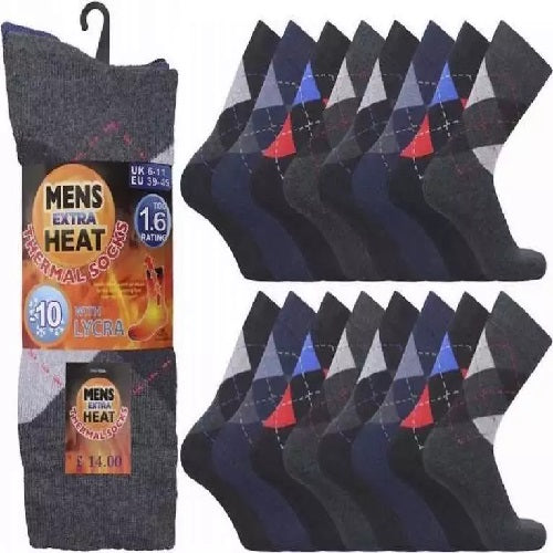 Men's 1.6 Tog Rated Thermal Socks UK Size 6-11 - Argyle