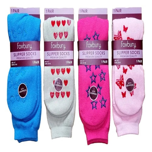 Ladies Brushed Assorted Slipper Socks With Grippers by Foxbury 12 Pairs