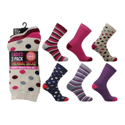 Hot Toes Ladies 3 Pack Thermal Socks Dots