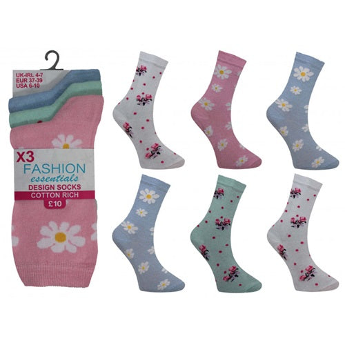 Ladies Fashion Essentials 4-7 Pastel Daisy Flower Ankle Socks