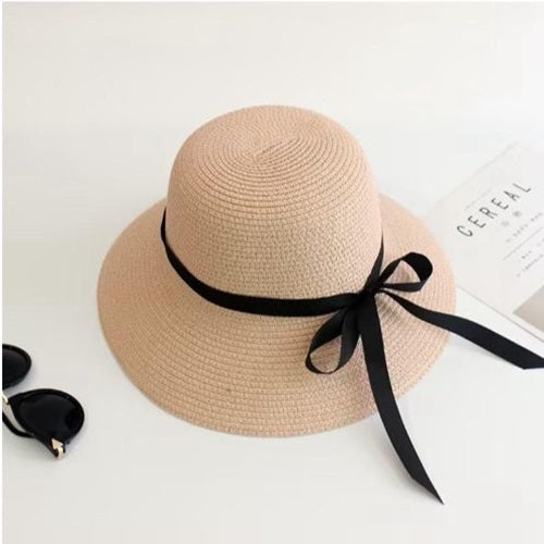 Ladies Straw Slim Black Ribbon Sun Hat - Pink