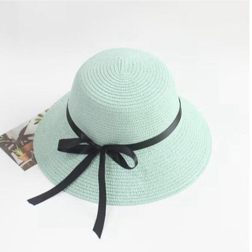 Ladies Straw Slim Black Ribbon Sun Hat - Mint