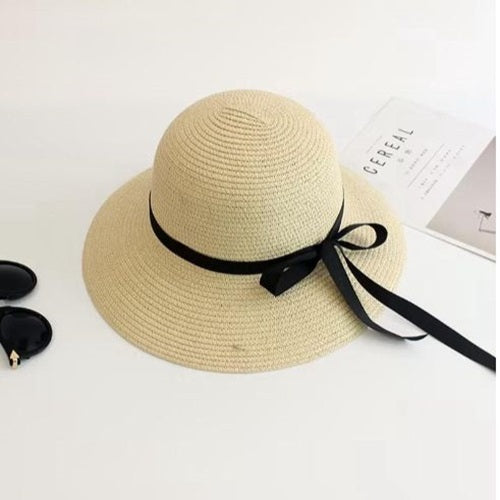 Ladies Straw Slim Black Ribbon Sun Hat - Milk