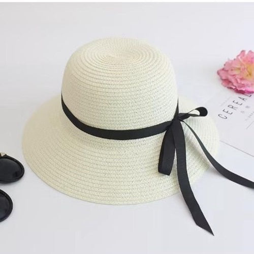 Ladies Straw Slim Black Ribbon Sun Hat - White