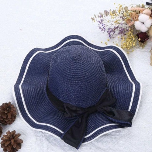 Ladies Straw Black Ribbon Sun Hat - Navy