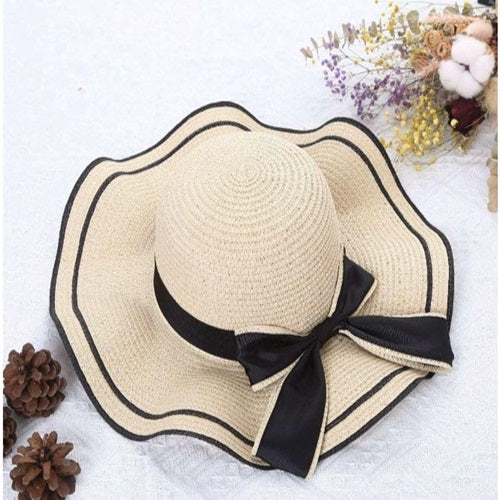 Ladies Straw Black Ribbon Sun Hat - Light Oat