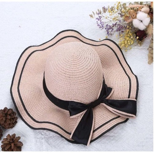 Ladies Straw Black Ribbon Sun Hat - Pink