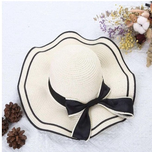 Ladies Straw Black Ribbon Sun Hat - White