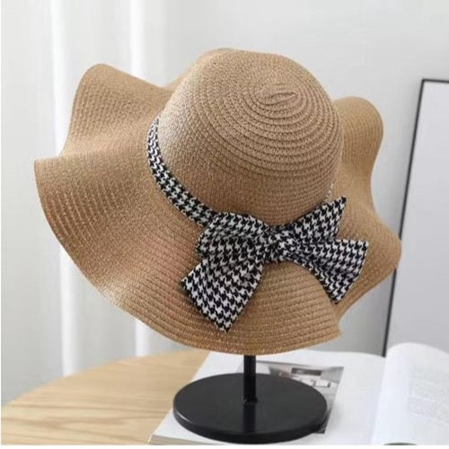 Ladies Straw Check Ribbon Sun Hat - Oat