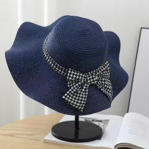 Ladies Straw Check Ribbon Sun Hat - Navy