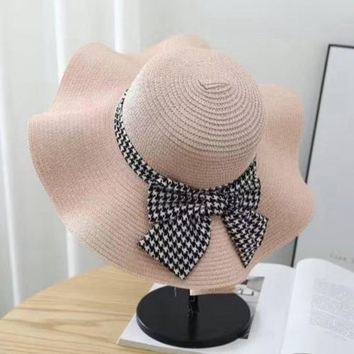 Ladies Straw Check Ribbon Sun Hat - Pink