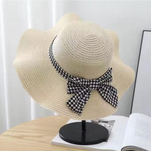 Ladies Straw Check Ribbon Sun Hat - White